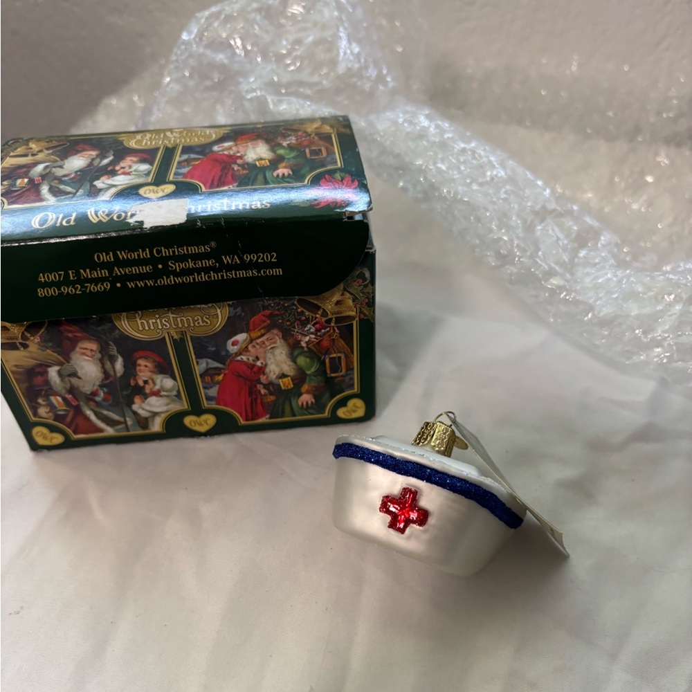 Nurse Hat Glass Christmas Ornament - White & Blue with Red Cross